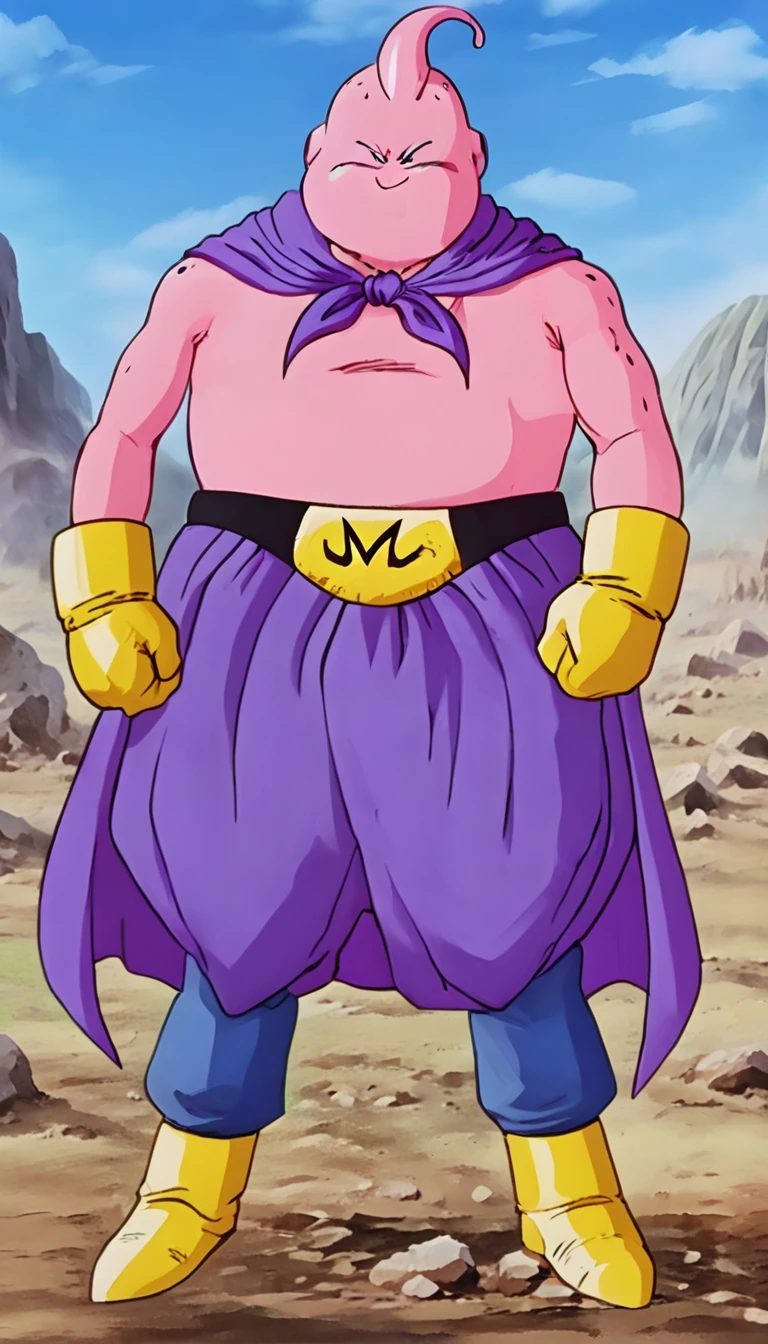 solo, majin buu, (angry:2),fighting,in wasteland,destroyed rock,(soft shading), 4k, hi res, ((detailed face, (detailed eyes:1.0), detailed)), (full body), looking at viewer, 1boy, upper body, male focus,(topless:1.5),( shirtless:2),torn clothes,bare pectorals, fighting stance,