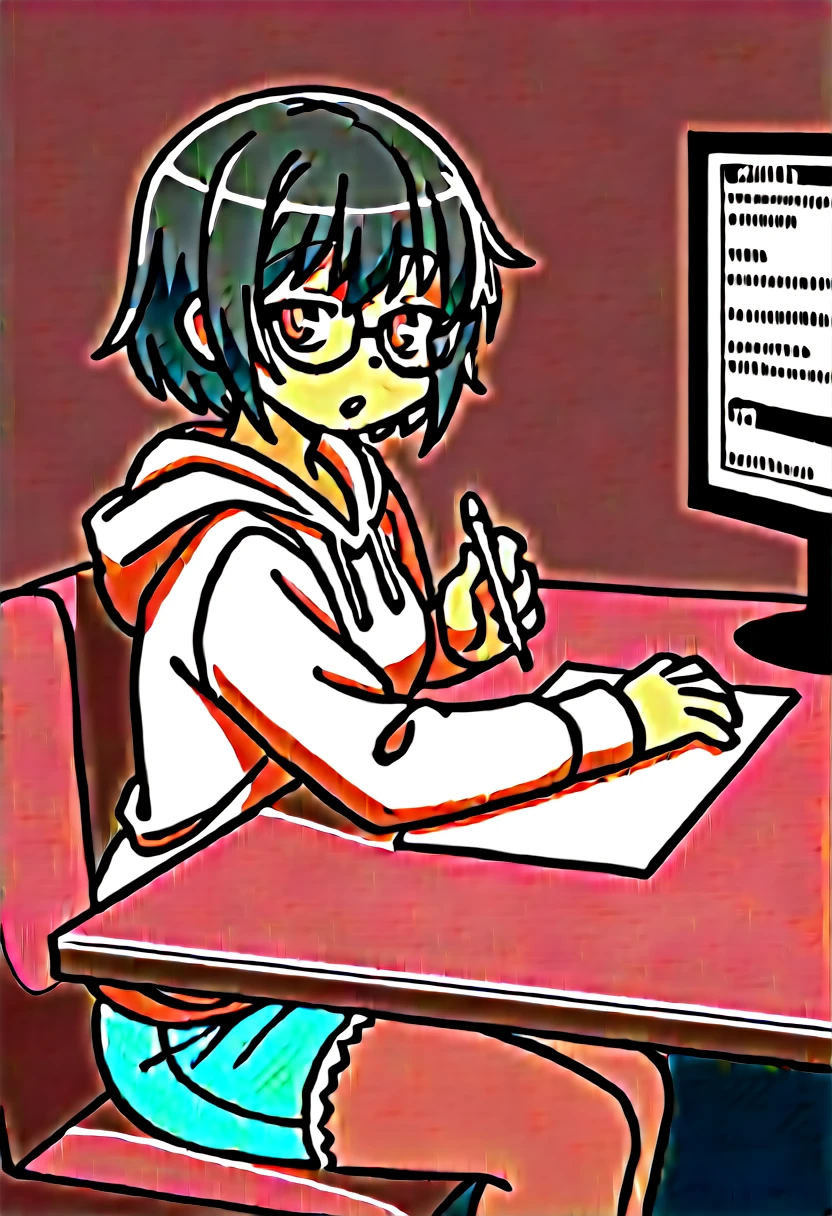 ((Perfect human body)),1girl,Silver Hair,Red eyes,Curly medium short hair,Square glasses,Wearing a large white coat,hoodie,,Dairy-free,garter belt,Sit on a chair,desk,Character portrait,full Art,Surveillance monitor in the background,computer,Messy desk,Hold a pen and write something,Short denim pants,
