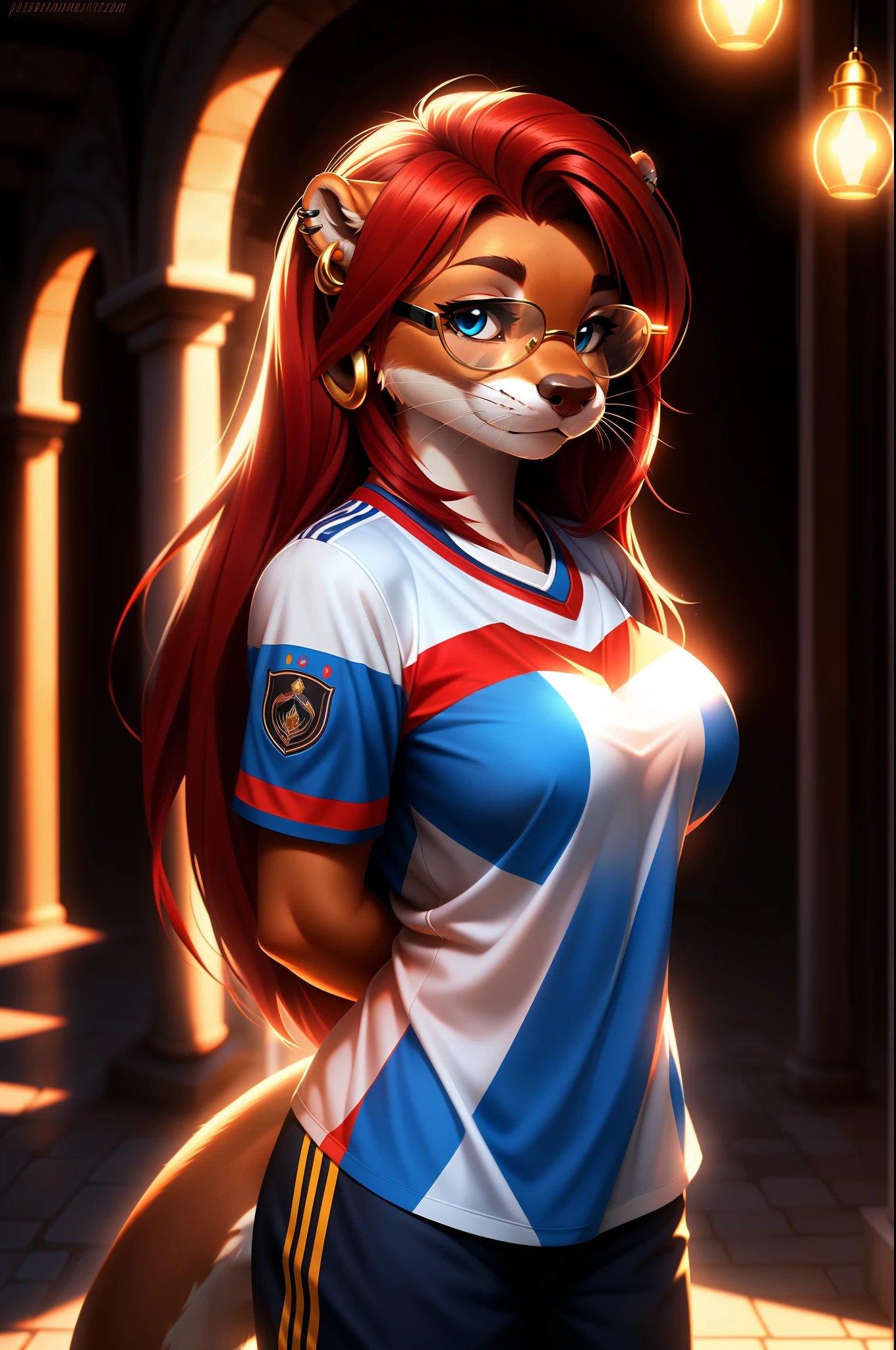 (hands behind back), otter, female, white fur, ((Female Otter long hair)), ((red hair)), super cute face, blue aviator glasses, ear piercing, big breast, detail elements on fur, UEFA European Championship Germany Shirt, ((Germany Shirt)), (Shirt Color; Black; Red; Gold;) beautiful lights and shadows, ambient light, super fine fur, volumetric light,