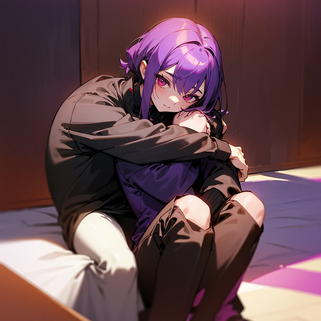 purple haired succubus,red eyes and wearing a short black dress hugging a ager who is sitting on his legs the teen has brown hair, dark brown eyes,and wearing black pants and a gray sweatshirt