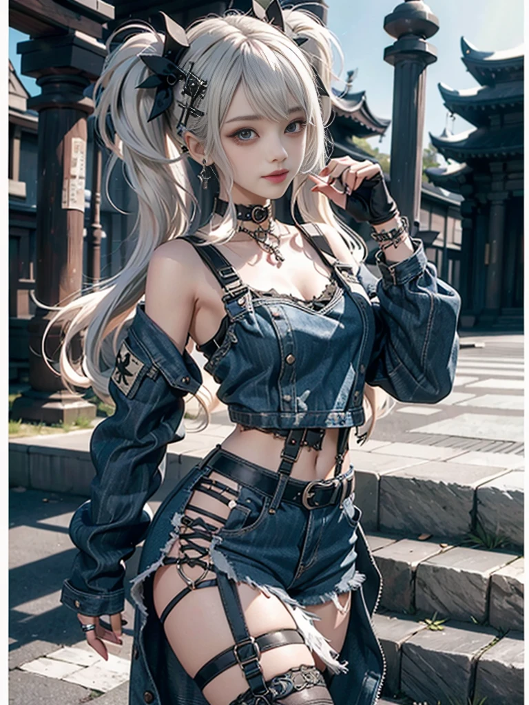 (Full Body View:1.3)、(Beautiful lips and nose:1.4)、(Long eyelashes:1.4)、(Side view:1.1)、(Smiling with teeth showing:1.3),(Shibuya Gal:1.5)、(Gothic Lolita delicately decorated dress:1.5)、(Tattered denim and black punk rock cargo pants:1.5)、(Denim and black navy skull mark small jacket:1.4)、(denim garter belt:1.5)、(Black and denim knee socks:1.3)、(Skull Silver Accessories:1.5)、(Denim collar:1.3)、(Brown Skin Belt:1.4)、(Brown boots:1.2)、(The underwear is striped:1.4)、31 years old、((Highest quality、In 8K、masterpiece:1.3))、Sharp focus:1.2、(Layered Cut、Huge boobs:1.1),Beautiful woman with perfect figure:1.4、(Dancing vigorously:1.3)、Slender Abs:1.2、Highly detailed face and skin texture、Detailed eyes、double eyelid,(Twin tails:1.3)、(Cream colored hair:1.3)、Gravure idol、(The background is a gorgeous temple in the sky:1.3)、(Slim body:1.2),(Make your legs thinner:1.4),(clavicle:1.1)
