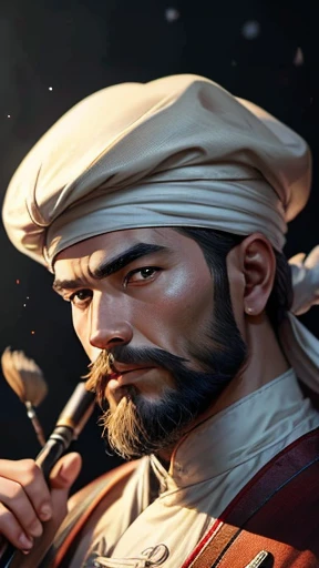 alone、Oriental、Ancient Chinese youth dressed in white、Hold the brush and show me、Highest quality、masterpiece、Ultra-high resolution、(Realistic:1.4)、Game Poster、Crisp and beautiful image quality、(Handsome bearded man),Ancient Chinese hairstyle with a large plain white beret that loosely covers the head like a turban、looking at the camera、