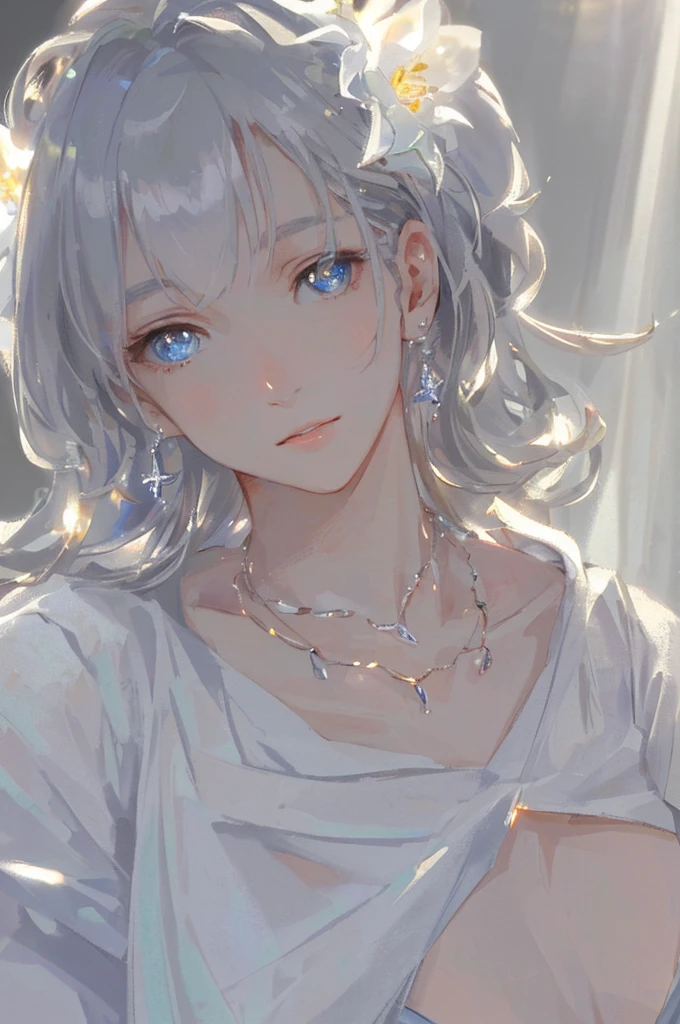 masterpiece, highest quality, figure, white, platinum earrings, Platinum Necklace, white dress, 1 girl, cute, (dynamic lighting:1.2), cinematic lighting, delicate features, fine eyes, sharp pupils, ((shapely massive chest;1.5)), realistic student, Depth of bounds written, Bokeh, sharp focus, (very detailed, bloom, shine:1.4), Many Small Gems