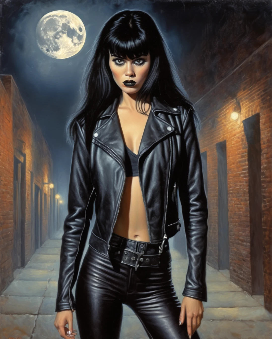 Masterpiece, photorealistic, highly detailed, a young woman with smooth dark long black hair with bangs and black eyes and black lips, wearing leather jacket and leather pants, standing, looking at camera, in a gloomy smoke filled alley at night with a full moon,Dave McKean artwork, oil touch of surrealism,oil painting style,portrait,woman,beautiful detailed eyes,beautiful detailed lips,dreamlike atmosphere,shadow play,soft lighting,playful pose,minimalist room,dark hues,ethereal background,fantasy elements,texture,layered composition.