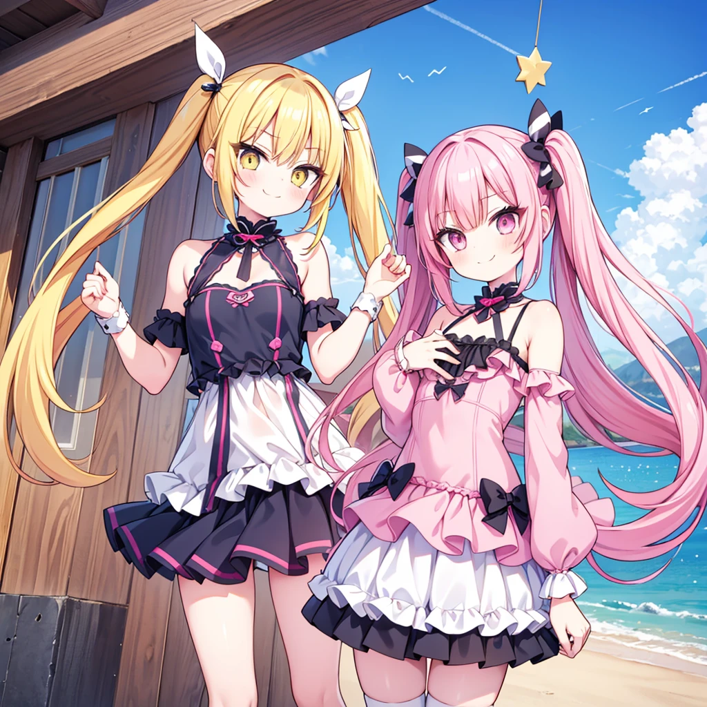 masterpiece, best quality, hyper detailed, 3girl, evil smiling, looking at viewerery,flat chest,blue hair,short twintails,middle hair,sky blue eyes,cute miniskirt,cute striped panty,cute high socks,cute shoes,smirk,pantyshot,
1girl, evil smiling, looking at viewer,flat chest,small breasts,pink hair,twintails,middle hair,pink eyes,with star-shaped eyes,
2girl, evil smiling, looking at viewer,big chest,yellow hair,twintails,middle hair,yellow eyes,with star-shaped eyes,