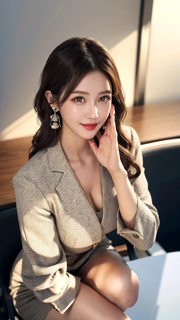 Highest quality、Artwork、In the office、Big Breasts、Japanese、sit cross-legged on a chair、Tight clothing、In a suit、Light makeup、Big eyes、Brown Hair、Wavy long hair、Small earrings、idelong glance、Smile、Ultra high definition、Ultra hot from above
