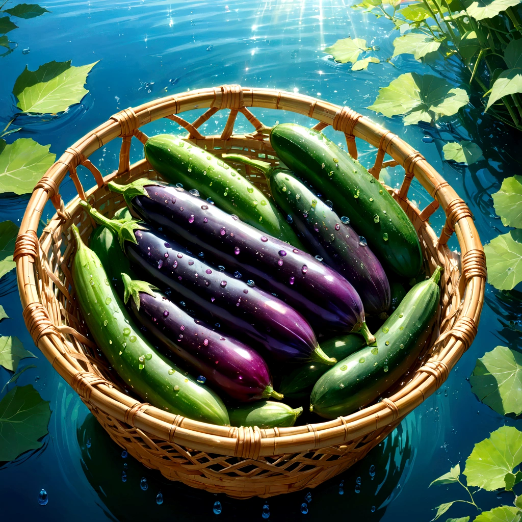 A close-up shot of a weathered bamboo basket, gently bobbing on the surface of crystal-clear water. Sunlight dances on the rippling surface, casting a shimmering net of light and shadow upon the basket and its contents. Three plump, red tomatoes, still damp from the cool water, nestle amongst four vibrant green cucumbers. Crowning the vibrant tableau are four long, deep purple eggplants, their smooth surfaces reflecting the azure sky above. Droplets of water cling to the sides of the vegetables, like tiny, iridescent jewels, catching the light and creating a mesmerizing spectacle of natural beauty. The air is alive with the sound of the gently flowing water and the promise of a delicious, sun-kissed meal. beautiful anime scenery, landscape painting, beautiful digital painting, andreas rocha, illustration of beautiful artwork, amazing wallpaper, raymond swanland, tall beautiful painting, studio ghibli makoto shinkai, beautiful wallpaper, anime scenery refreshing, nostalgic, summer, japan, nature, no humans simple, minimalist, close-up, 3 tomatoes, 4 cucumbers, 4 eggplants, floating basket, crystal clear water