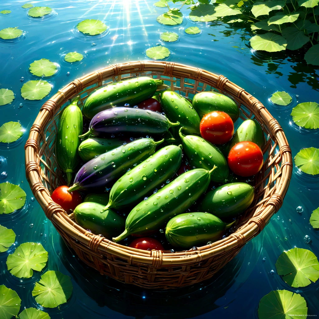 A close-up shot of a weathered bamboo basket, gently bobbing on the surface of crystal-clear water. Sunlight dances on the rippling surface, casting a shimmering net of light and shadow upon the basket and its contents. Three plump, red tomatoes, still damp from the cool water, nestle amongst four vibrant green cucumbers. Crowning the vibrant tableau are four long, deep purple eggplants, their smooth surfaces reflecting the azure sky above. Droplets of water cling to the sides of the vegetables, like tiny, iridescent jewels, catching the light and creating a mesmerizing spectacle of natural beauty. The air is alive with the sound of the gently flowing water and the promise of a delicious, sun-kissed meal. beautiful anime scenery, landscape painting, beautiful digital painting, andreas rocha, illustration of beautiful artwork, amazing wallpaper, raymond swanland, tall beautiful painting, studio ghibli makoto shinkai, beautiful wallpaper, anime scenery refreshing, nostalgic, summer, japan, nature, no humans simple, minimalist, close-up, 3 tomatoes, 4 cucumbers, 4 eggplants, floating basket, crystal clear water