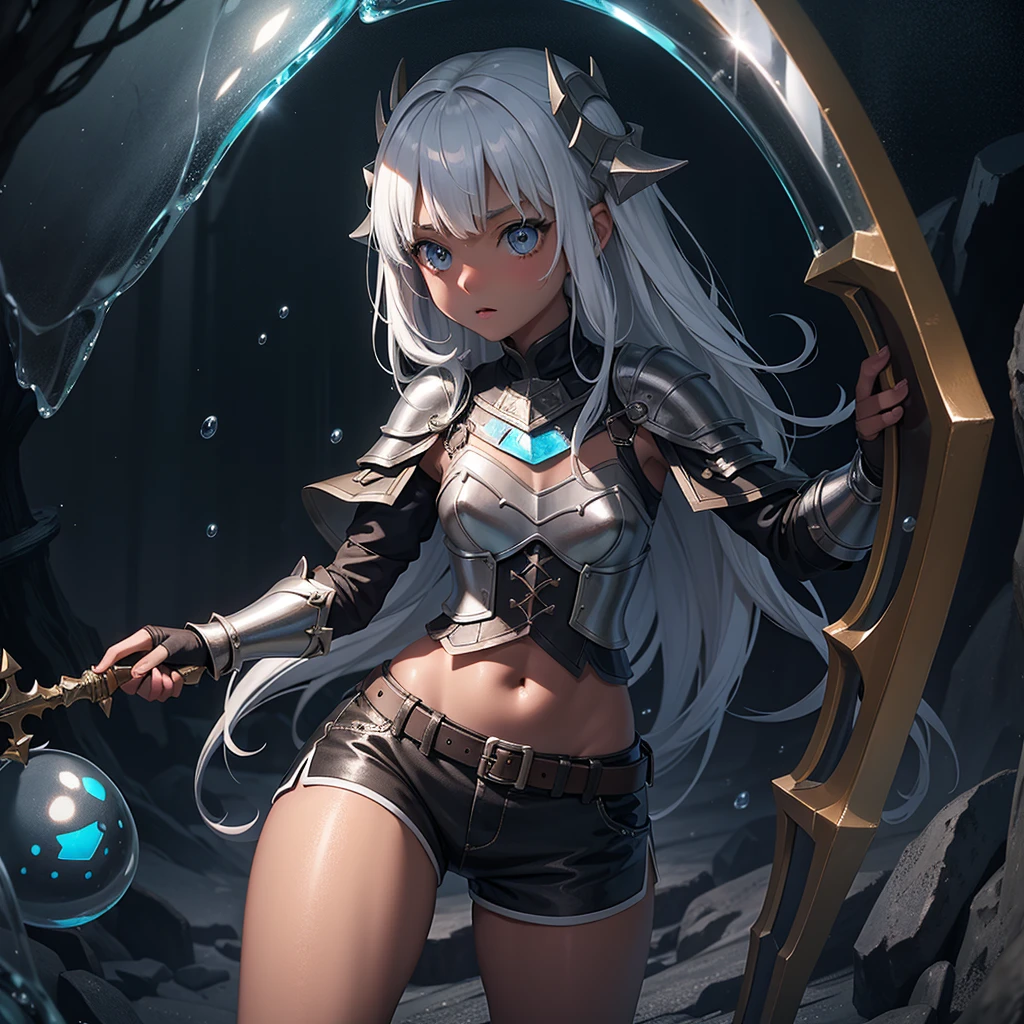 最high quality、high quality、Simple Cloth Armor、10Year-old girl adventurer、Dark underground labyrinth、Being engulfed in a translucent, jelly-like substance、Shorts、Equipped with a dagger and a shield