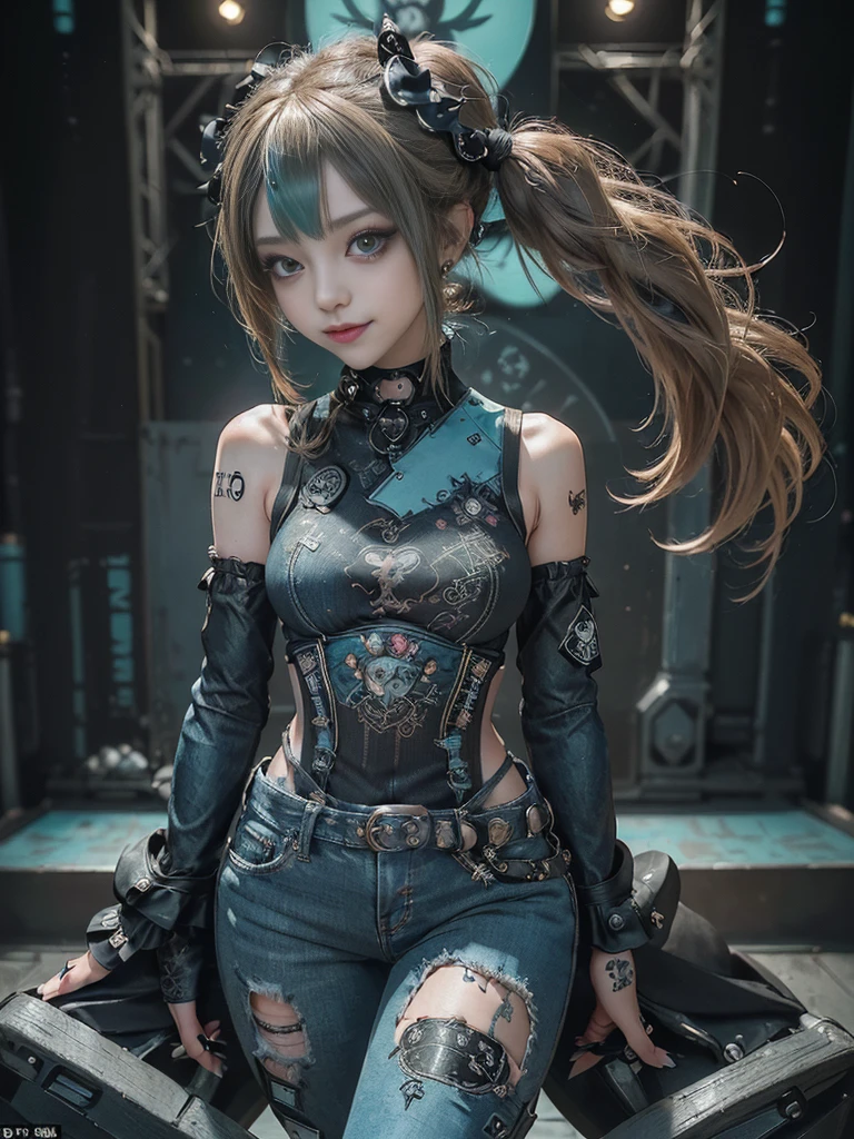 (Full Body View:1.4)、(Full body:1.3)、(Smiling with teeth showing:1.3),(Shibuya Gal:1.5)、(Gothic Lolita style fashion:1.5)、(Punk RockVisual Kei:1.5)、(Wearing a rhythmic gymnastics bodysuit with intricate details:1.4)、(Racing suit and pants with intricate turquoise, denim and charcoal decorations:1.5)、(Denim and light blue and turquoise boots:1.3)、((belt))、(Numerous delicate logo marks all over the costume:1.4)、(collar:1.3)、(Polka dot underwear:1.5)、20-year-old、NSFW、((Highest quality、In 8K、masterpiece:1.3))、Sharp focus:1.2、(Layered Cut、Huge boobs:1.1),Beautiful woman with perfect figure:1.4、(do a gravure pose:1.3)、Slender Abs:1.2、Highly detailed face and skin texture、Detailed eyes、double eyelid,(Twin tails:1.3)、(Brown-golden hair:1.3)、Gravure idol、(The background is the stage of the fashion show:1.3)、(Slim body:1.3),(Make your legs thinner:1.4),（clavicle:1.1）