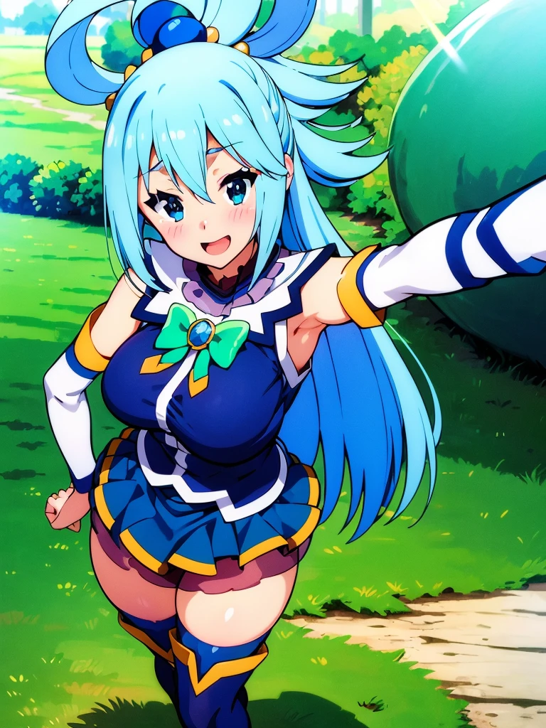 ((masterpiece)), ((Best quality)), (ultra detailed), ((kawaii)), Cute, (Beautiful), ((sexual)), ((extremely detailed)), 4K, (8 thousand.), Best quality, (Beautiful), illustration, anime style, (heavy line:1.2), Gradation, extremely detailed, Subtle touch:1.2), (Natural light, Sunbeam, rays of light, Dappled light, reflection, shadows, ray tracing:1.2) Cute girl, 1 girl, Konosuba, Water, blue hair, detailed clothing, detailed fabric, a transparent dress, Hair rings, (One:1.2), standing, emphasizing the neckline and short skirt, slightly sheer blouse, short pleated skirt, Perfect eyes, (sexual expression:1.2), fascinated expression, smiling, looks at the viewer, (selfie:1.2), (higher , smile, open mouth, blush:1.2) , (Beautiful eyes), lifting skirt, Panties shown, Cute, stockings, hips high, hourglass body, Medium breasts, T-boots, Mid thighs