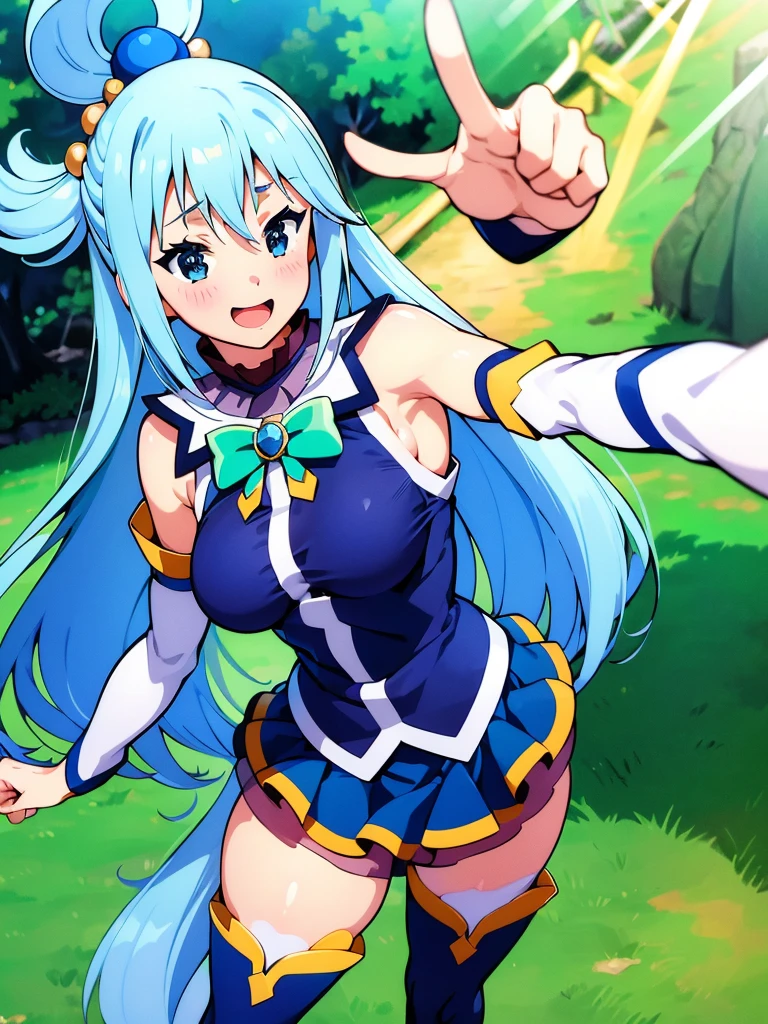 ((masterpiece)), ((Best quality)), (ultra detailed), ((kawaii)), Cute, (Beautiful), ((sexual)), ((extremely detailed)), 4K, (8 thousand.), Best quality, (Beautiful), illustration, anime style, (heavy line:1.2), Gradation, extremely detailed, Subtle touch:1.2), (Natural light, Sunbeam, rays of light, Dappled light, reflection, shadows, ray tracing:1.2) Cute girl, 1 girl, Konosuba, Water, blue hair, detailed clothing, detailed fabric, a transparent dress, Hair rings, (One:1.2), standing, emphasizing the neckline and short skirt, slightly sheer blouse, short pleated skirt, Perfect eyes, (sexual expression:1.2), fascinated expression, smiling, looks at the viewer, (selfie:1.2), (higher , smile, open mouth, blush:1.2) , (Beautiful eyes), lifting skirt, Panties shown, Cute, stockings, hips high, hourglass body, Medium breasts, T-boots, Mid thighs