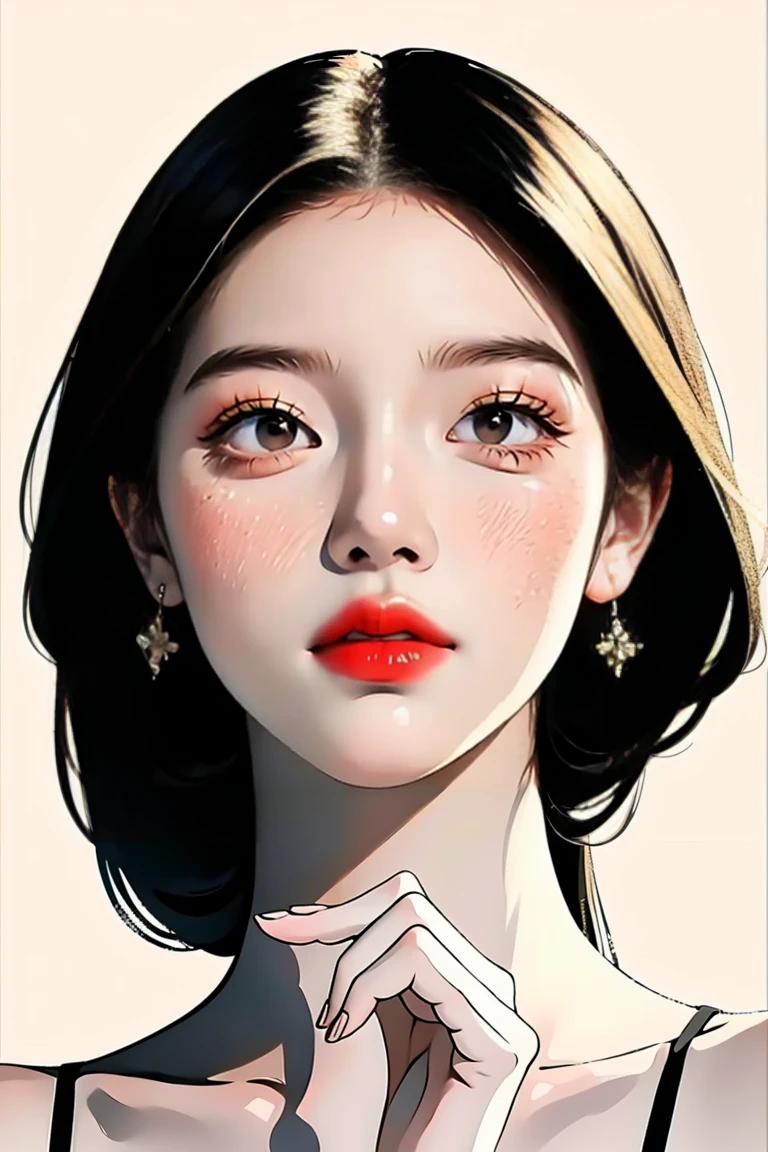 (Portraits:1.4), (masterpiece:1.2, best quality:1.2), from above, upper body, 1girl, Look up, face focus, extremely detailed face, extremely detailed eyes, good-looking, make up, finger on lips, sunglasses, fashion wear, earrings,