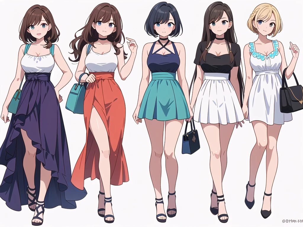 (((Best Quality))) , ((full body)), 4 lady, adult woman, multiple views, (((white background,))) variety of hairstyles, variety of fashion styles, seductive pose, fashionable and trendy atmosphere, holding bag, summer outfits, walk pose, dark blue/dark orange/dark green/dark violet/brown/white, short shorts, cleavage,
