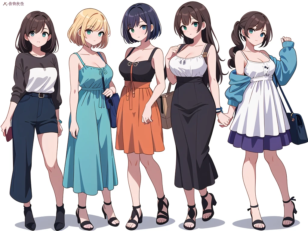 (((Best Quality))) , ((full body)), 4 lady, adult woman, multiple views, (((white background,))) variety of hairstyles, variety of fashion styles, seductive pose, fashionable and trendy atmosphere, holding bag, summer outfits, walk pose, dark blue/dark orange/dark green/dark violet/brown/white, short shorts, cleavage,