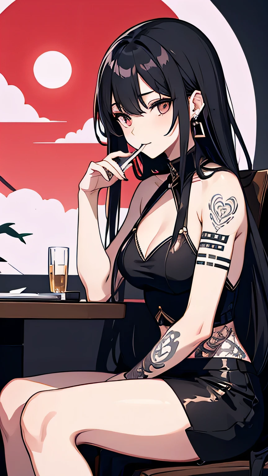 Woman holding a cigarette、Black long hair、stage、sit、Earrings、Tattoo(moon)、Tattoo(snake)、High Quality、Beautiful Face、Biologically correct