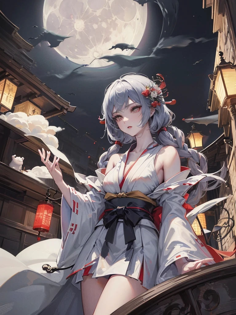 ((Finest quality)),(超A high resolution),(Ultra-detail),(Meticulous portrayal),((Best Anime)),(Finest works of art),sharpnes,Clair,Ultra-Precision Art,The art of astounding depiction,Beautiful ink paintings with intricate and detailed details:1.3, ((FOG:1.6)),((The moon through the clouds:1.4), (One woman),Japanese dress,paper lanterns:1.5,arachne,the bats,youkai,weird