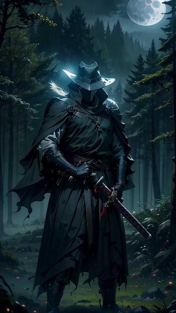 (Best Quality,ultra detailed),dark,wet,artificial raindrops falling,ancient medieval warrior standing in the rain, medieval traditional hat(fail),dense forest landscape,majestic and serene nature,full moon shining brightly in the night sky,black medieval outfit with fluorescent red stripes that glow in the moonlight,samurai sword sharpened and drawn(katana),