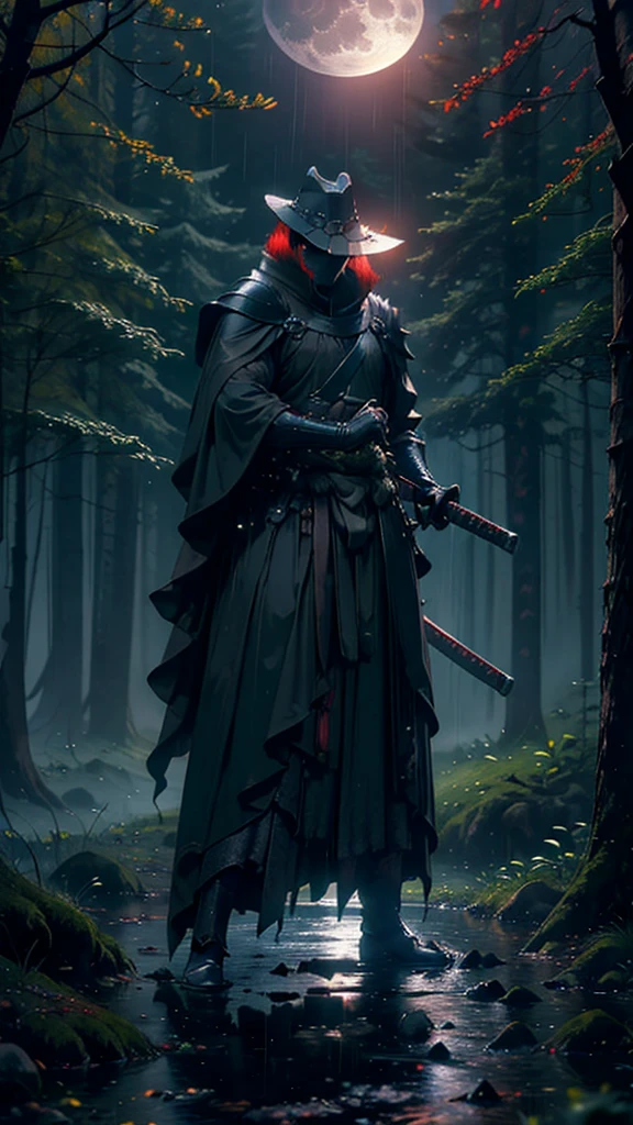 (Best Quality,ultra detailed),dark,wet,artificial raindrops falling,ancient medieval warrior standing in the rain, medieval traditional hat(fail),dense forest landscape,majestic and serene nature,full moon shining brightly in the night sky,black medieval outfit with fluorescent red stripes that glow in the moonlight,samurai sword sharpened and drawn(katana),