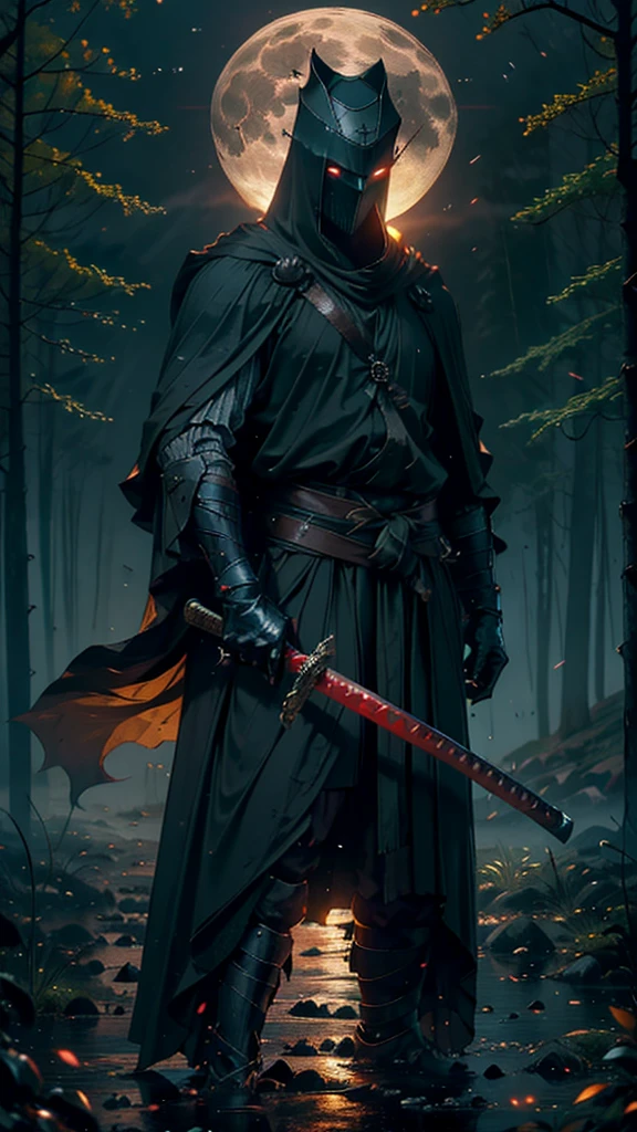 (Best Quality,ultra detailed),dark,wet,artificial raindrops falling,ancient medieval warrior standing in the rain, medieval traditional hat(fail),dense forest landscape,majestic and serene nature,full moon shining brightly in the night sky,black medieval outfit with fluorescent red stripes that glow in the moonlight,samurai sword sharpened and drawn(katana),