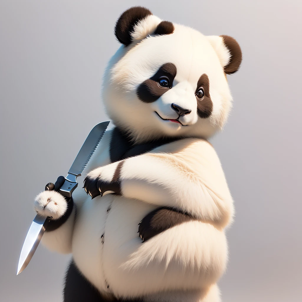 3D stereoscopic panda,human face、Kitchen knife in hand,White background,Ultra-high-definition details