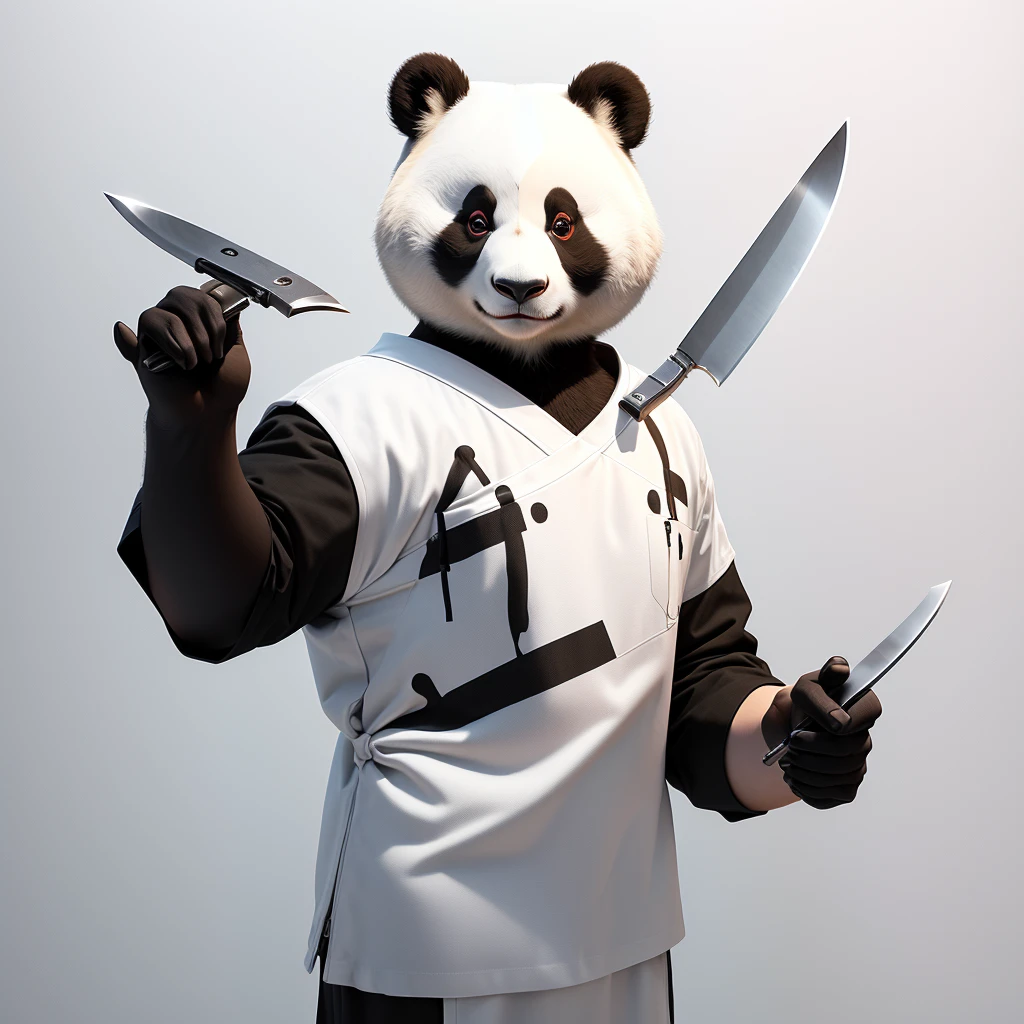 3D stereoscopic panda,human face、Kitchen knife in hand,White background,Ultra-high-definition details