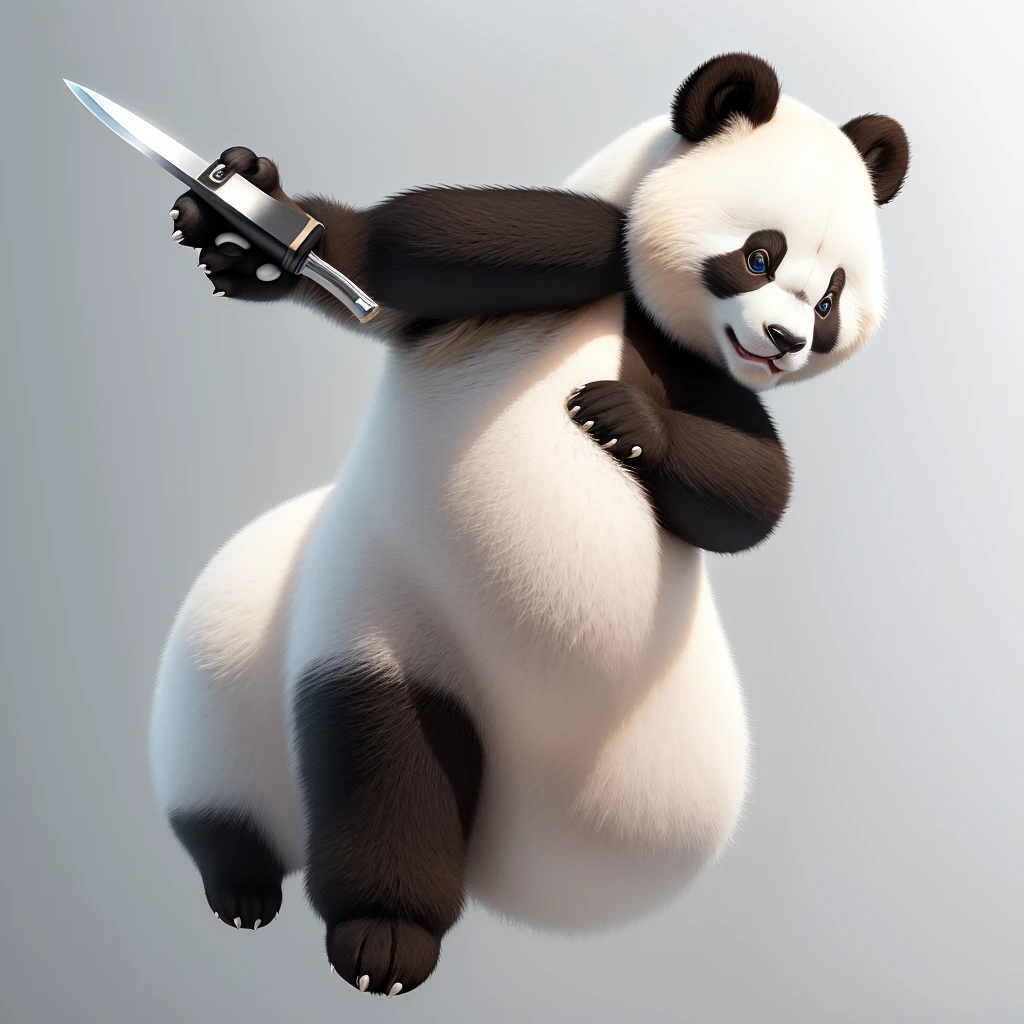 3D stereoscopic panda,human face、Kitchen knife in hand,White background,Ultra-high-definition details
