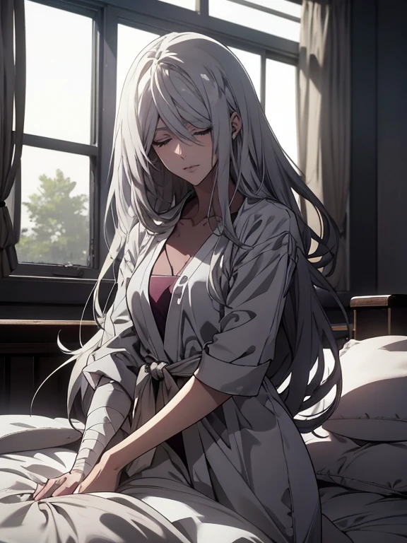 1 female, Silver Hair,Long Hair,Pushed down, Half closed eyes, Lying in bed,On your back, wearing a hospital gown, Ward Background, window, evening, Highest quality, Great quality, so beautiful, Absurd Ray Tracing, Dramatic Shadows,Right arm bandaged,thin,Lean,injury,