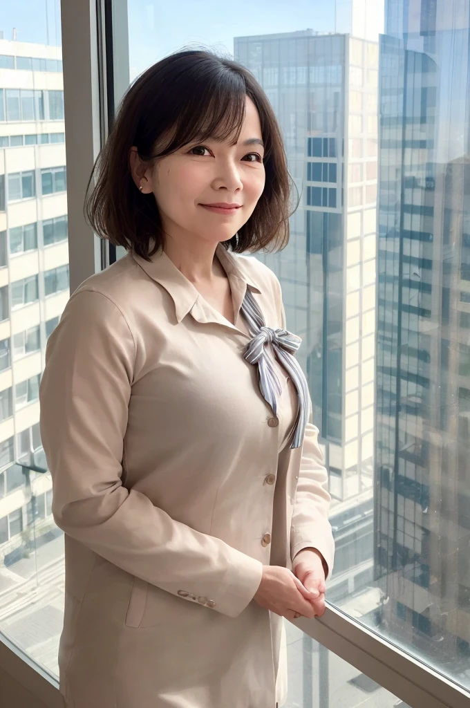 One girl, Mature Woman, Best, bow, photograph, Realistic, Highest quality, employment, Detailed face, office, Building seen from the window, Detailed Background, Diffused sunlight, Depth of written boundary, Bokeh clothes　Take off your clothes