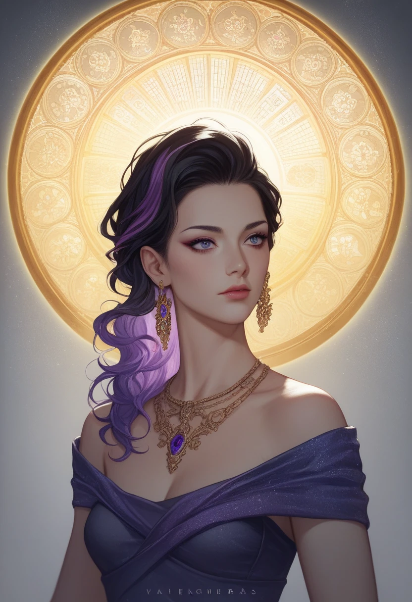 Beautiful woman, He has black hair with purple highlights., 4k, anime, intricate details, dramatic lighting, cinematographic composition, vibrant colors, Fancy, atmospheric, epic. Aparece arriba unas palabras pequeñas que dicen Comienzo Invencible en inglés epicmente