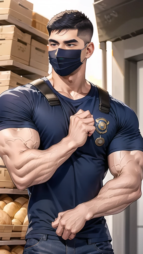 (handsome Man),(crew cut short hair:1.8),black eye,(Wear a fitted round neck t-shirt in navy with a police badge.:1.5),(fit neck),Navy blue jeans,(black_gloves:1.2), Korean guy,chest muscles,large arm muscles,blood vessel,Big muscles,Broad shoulders, (open mouth:1.2),(face up:1.2),(open eyes:1.5), middle of the road,smile,(backpack:1.3), In front of the bread shop ,(Cotton Mask:1.3