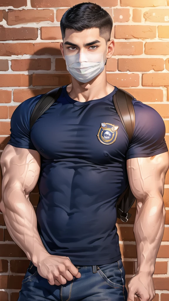 (handsome Man),(crew cut short hair:1.8),black eye,(Wear a fitted round neck t-shirt in navy with a police badge.:1.5),(fit neck),Navy blue jeans,(black_gloves:1.2), Korean guy,chest muscles,large arm muscles,blood vessel,Big muscles,Broad shoulders, (open mouth:1.2),(face up:1.2),(open eyes:1.5), middle of the road,smile,(backpack:1.3), In front of the bread shop ,(Cotton Mask:1.3