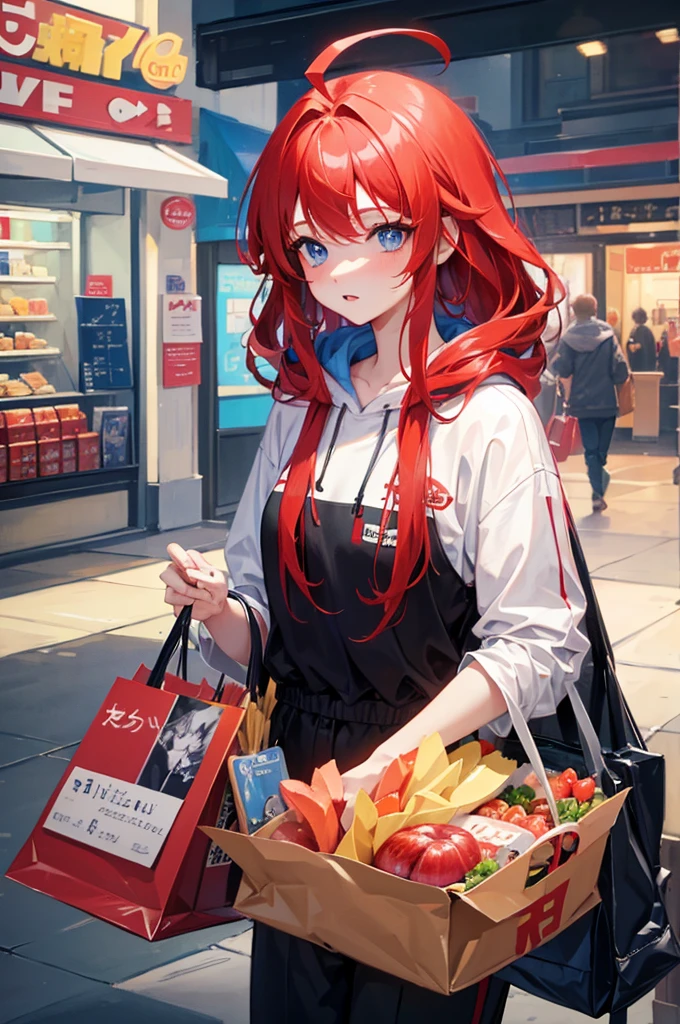 8K, Highest quality, masterpiece, Ultra-detailed、ahoge、Red Hair、Medium hair, ahoge、full lips、Blue Eyes、18Year-old beauty、Portrait、、hoodie、pants、Shopping Street、Random facial expressions