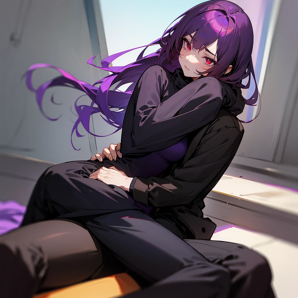 purple haired succubus,red eyes and wearing a short black dress hugging a ager who is sitting on his legs the teen has brown hair, dark brown eyes,and wearing black pants and a gray sweatshirt