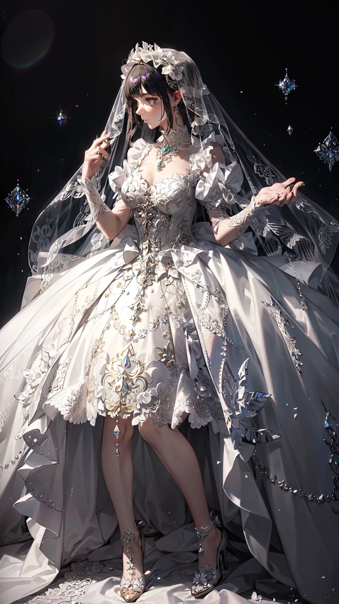 Extreme detailing, lolita, lolita fashion, frills, intricate and gorgeous, gloves, afternoon tea, ponet, curls, macarons, cream, colorful, gradient pick dye, candy, shiny, shiny, light particles, dynamic poses, dramatic compositions, candy hair accessories, colorful skirts, pearls, flowers, embroidery, gem-encrusted, flat chest, gauze dress with broken diamonds, flying, jumping, veil, transparent blouse, lace gloves, delicate depiction of face, full body, full body, Opal-like eyes, white-toned skirts, colorful whites, lasers, crystal-like skirts, diamond-like hair, wedding dresses