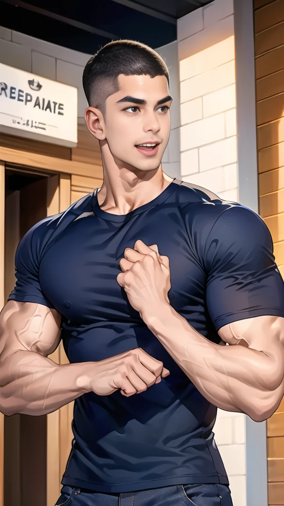 (handsome Man),(crew cut short hair:1.8),black eye,(Wear a fitted round neck t-shirt in navy with a police badge.:1.5),(fit neck),Navy blue jeans,(black_gloves:1.2), Korean guy,chest muscles,large arm muscles,blood vessel,Big muscles,Broad shoulders, (open mouth:1.2),(face up:1.2),(open eyes:1.5), middle of the road,smile, In front of the bread shop