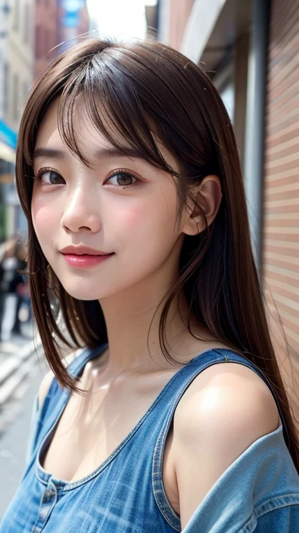 (((Close-up of face)))、(((Brown hair straight)))、(((She is posing like a hair salon model with a New York alleyway in the background.)))、(((She is wearing casual clothes suitable for early summer.。The shoulders are hidden)))、(Natural laughter:1.25)、Half Japanese, half Korean、18 year old girl、Standing Alone、Looking forward、Light eye makeup、Brown Hair Color、Flat and 、Hair blowing in the wind、Actress Quality、Glossy, ultra-realistic face、Smiling face、Watery eyes、Gazing Up、Subtle lighting effects、 Ultra-Realistic Capture、Very detailed、High resolution 16K close up of human skin。Skin texture must be natural、The details must be such that pores can be clearly seen、The skin is healthy、Uniform tone、Use natural light and colors、A worn-out, high-quality photo taken by a model agency's in-house photographer.、smile、(((SIGMA 300 mm F/1.4,1/1000 sec shutter,ISO 400)))、The background is F-stop 1..4 is blurred