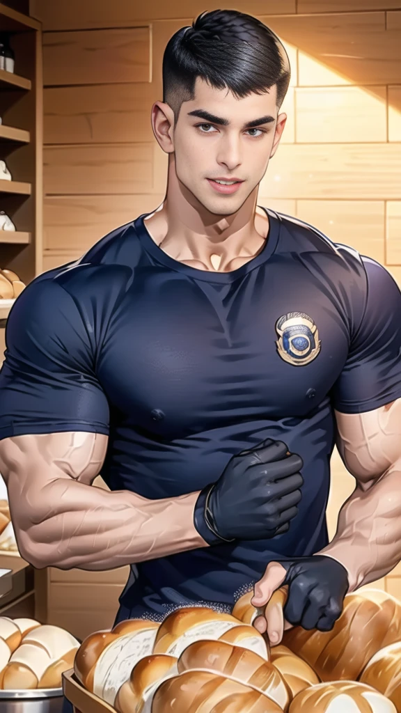 (handsome Man),(crew cut short hair:1.8),black eye,(Wear a fitted round neck t-shirt in navy with a police badge.:1.5),(fit neck),Navy blue jeans,(black_gloves:1.2), Korean guy,chest muscles,large arm muscles,blood vessel,Big muscles,Broad shoulders, (open mouth:1.2),(face up:1.2),(open eyes:1.5), middle of the road,smile, In the bread shop, (bread in hand)