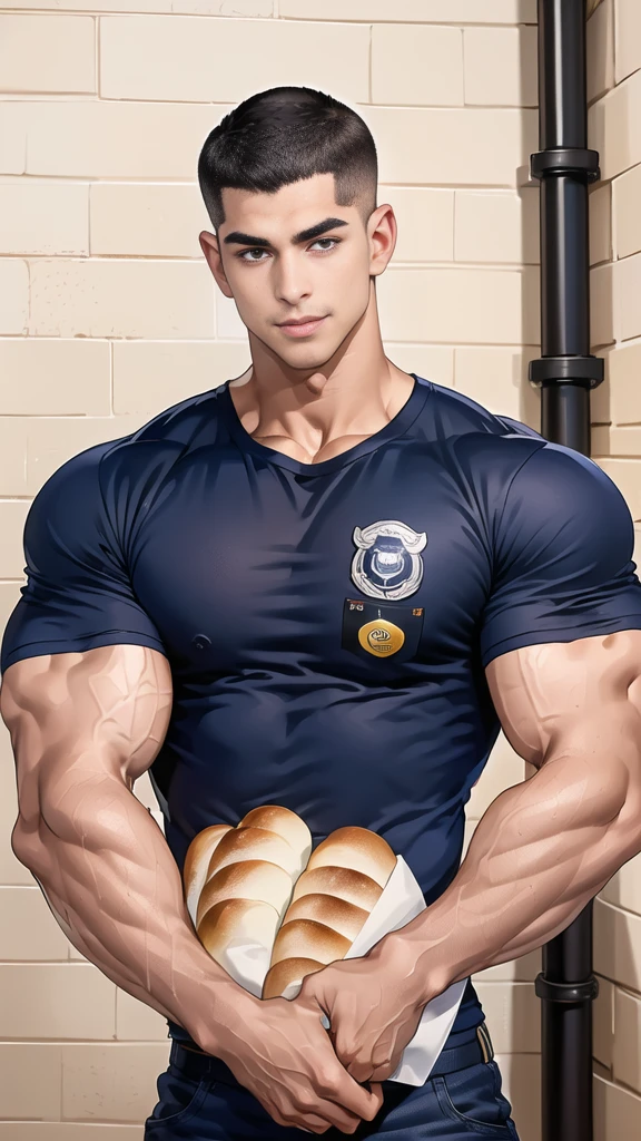(handsome Man),(crew cut short hair:1.8),black eye,(Wear a fitted round neck t-shirt in navy with a police badge.:1.5),(fit neck),Navy blue jeans,(black_gloves:1.2), Korean guy,chest muscles,large arm muscles,blood vessel,Big muscles,Broad shoulders, (open mouth:1.2),(face up:1.2),(open eyes:1.5), middle of the road,smile, In the bread shop, (bread in hand)