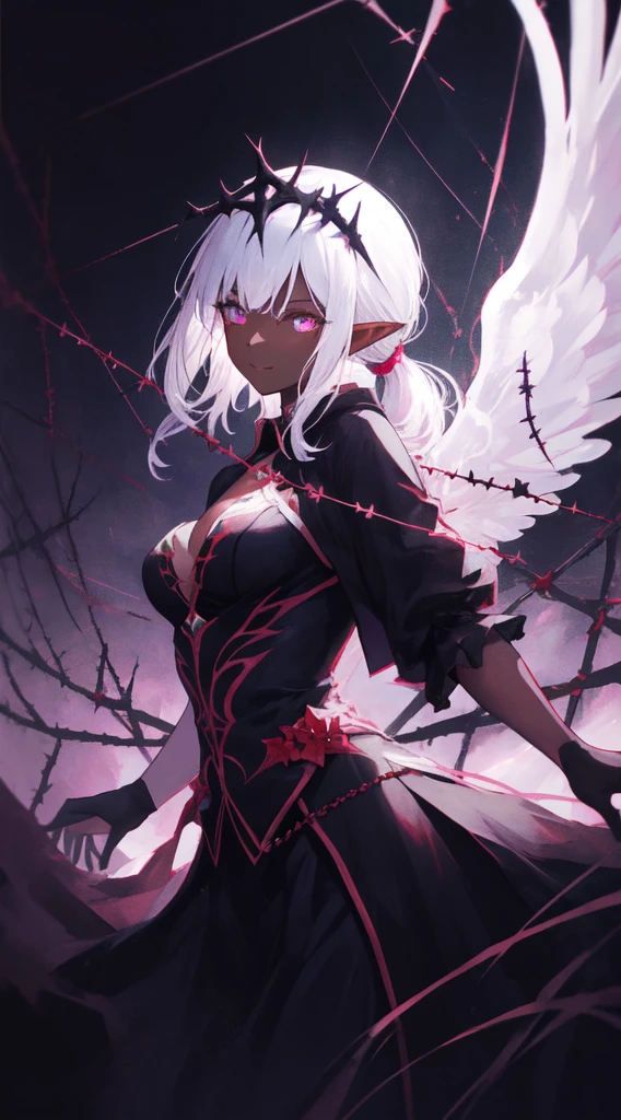 ((masterpiece, best quality)), official art, unity 8k wallpaper, ultra detailed, Amazing dark elf, Dark Angel, mystical aura, ((Obsidian black wings)), flowinggown, deep Purple, Motifs inspired by the occult, ((Crown of thorns)), Poisonous nightshade,  balls of fire, Dynamic pose, Darkness shrouded, High detail resolution, Mysterious rituals, Dark atmosphere, r1ge, Crazy nothingness, Glowing eyes, Multiple eyes, Horror (Theme), BREAK, highly detailed of (dark elf), (1girl), solo, perfect face, details eye, ponytail, Blunt bangs, (hair between eye), white hair, violet eyes, fantasy art by Artgerm, by Kawacy, by Wadim kashin,BREAK, eyelashes, eyeshadow, pink eyeshadow, (dark skin:1.2), glaring, Mysterious smile, medium breast, BREAK, extremely detailed, dynamic angle, (( moonlight)), Mystic energy, Mysterious rituals, ((Dark atmosphere)),