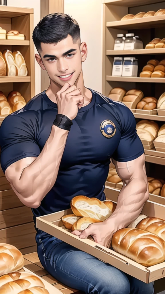 (handsome Man sitting on table eating bread ),(crew cut short hair:1.8),black eye,(Wear a fitted round neck t-shirt in navy with a police badge.:1.5),(fit neck),Navy blue jeans,(black_gloves:1.2), Korean guy,chest muscles,large arm muscles,blood vessel,Big muscles,Broad shoulders, (open mouth:1.2),(face up:1.2),(open eyes:1.5), middle of the road,smile, In the bread shop,