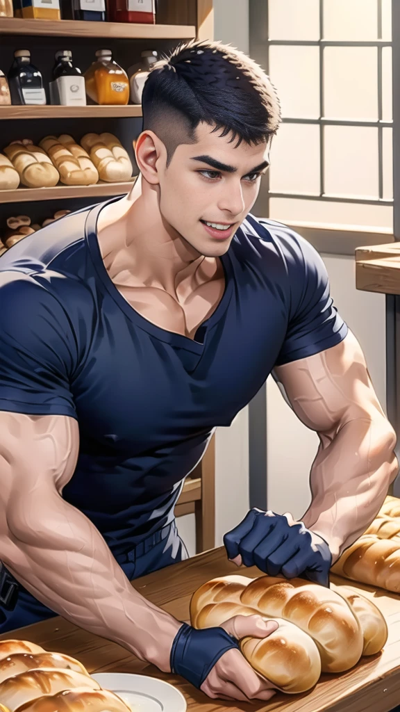 (handsome Man sitting on table eating bread ),(crew cut short hair:1.8),black eye,(Wear a fitted round neck t-shirt in navy with a police badge.:1.5),(fit neck),Navy blue jeans,(black_gloves:1.2), Korean guy,chest muscles,large arm muscles,blood vessel,Big muscles,Broad shoulders, (open mouth:1.2),(face up:1.2),(open eyes:1.5), middle of the road,smile, In the bread shop,
