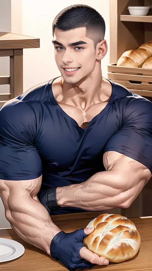 (handsome Man sitting on table eating bread ),(crew cut short hair:1.8),black eye,(Wear a fitted round neck t-shirt in navy with a police badge.:1.5),(fit neck),Navy blue jeans,(black_gloves:1.2), Korean guy,chest muscles,large arm muscles,blood vessel,Big muscles,Broad shoulders, (open mouth:1.2),(face up:1.2),(open eyes:1.5), middle of the road,smile, In the bread shop, 