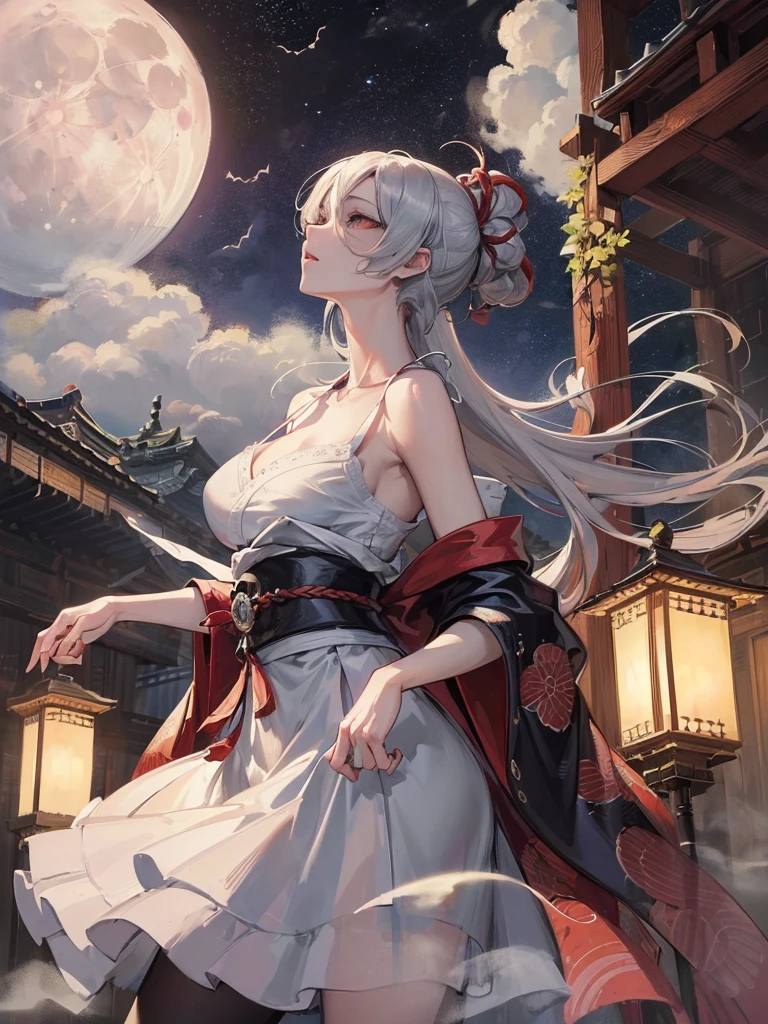 ((Finest quality)),(超A high resolution),(Ultra-detail),(Meticulous portrayal),((Best Anime)),(Finest works of art),sharpnes,Clair,Ultra-Precision Art,The art of astounding depiction,Beautiful ink paintings with intricate and detailed details:1.3, ((FOG:1.6)),((The moon through the clouds:1.4), (One woman),Japanese dress,paper lanterns:1.5,arachne,the bats,youkai,weird