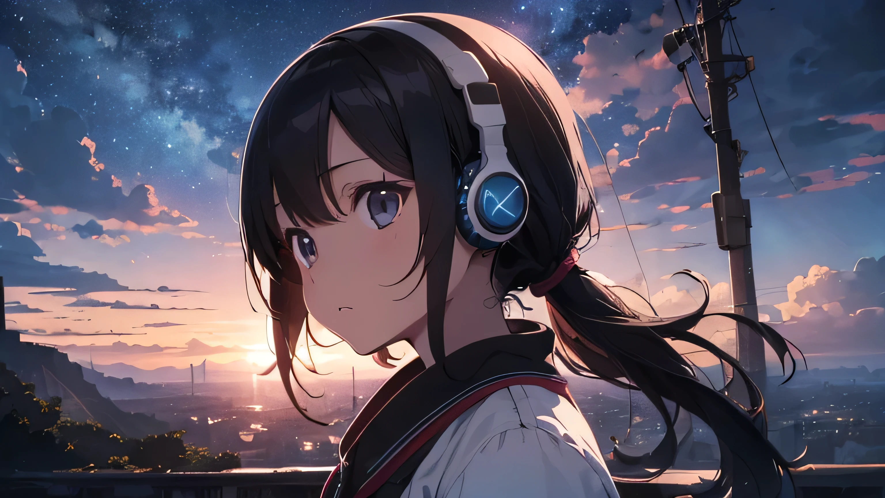 Absurd, High resolution, (Official Art, beautifully、aesthetic:1.2), Bright Sky, A vast world, girl, Wear headphones, stare, Awe-inspiring expressions, Distant Horizon, cloud, High Hill, Natural Beauty, Inspiration, Light effects,