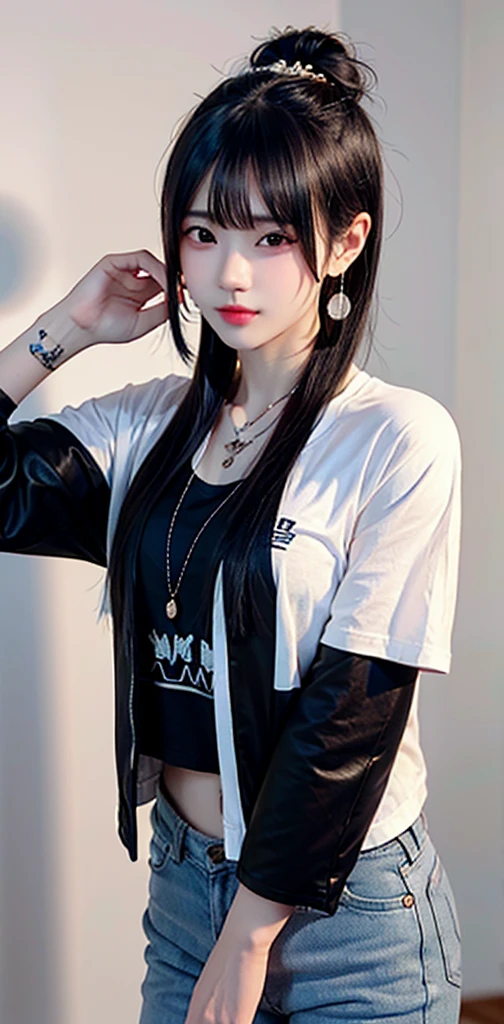 a beautiful realistic Korean girl, wearing sunglasses, wearing decorated earrings, a long necklace, long black hair tied in a bun, wearing a black jacket and high neck t-shirt, and on the neck there is a small tattoo, wearing black trousers, medium facing sideways while biting a toothpick, black background. REALISTIC HD