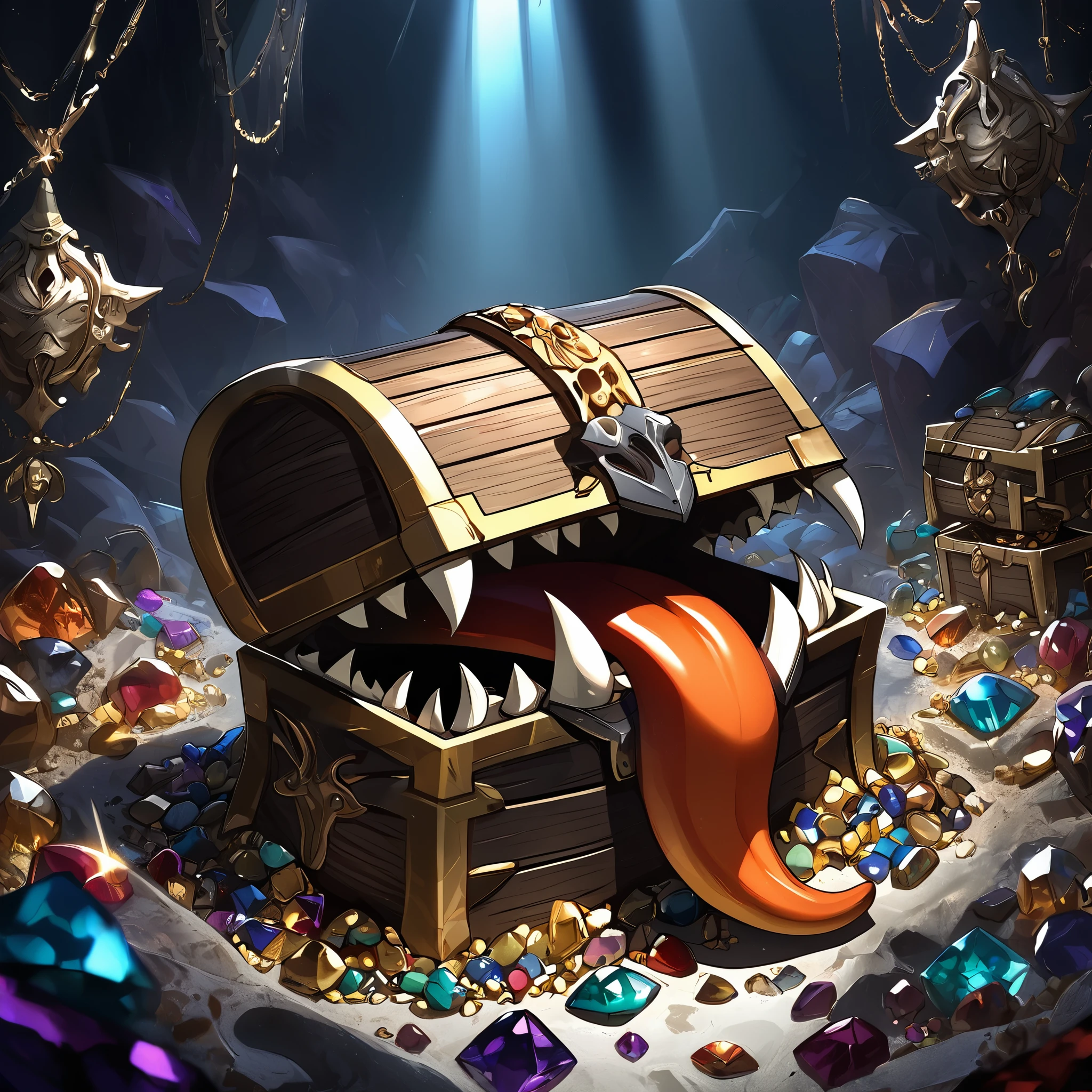 Mimic Treasure Chest, upscale宝箱, detailed and realistic, Sharp teeth, Long Tongue, Wide open lid, Open the lid of the treasure chest, BREAK Fierce teeth and tongues visible among aesthetic ornaments, Buried in gemstones, Sharp Fangs, luxury, upscale, Three-dimensional, Fascinating chiaroscuro, Transparent reflection, BREAK Jewelry, precious metals, Artwork, All first-class,