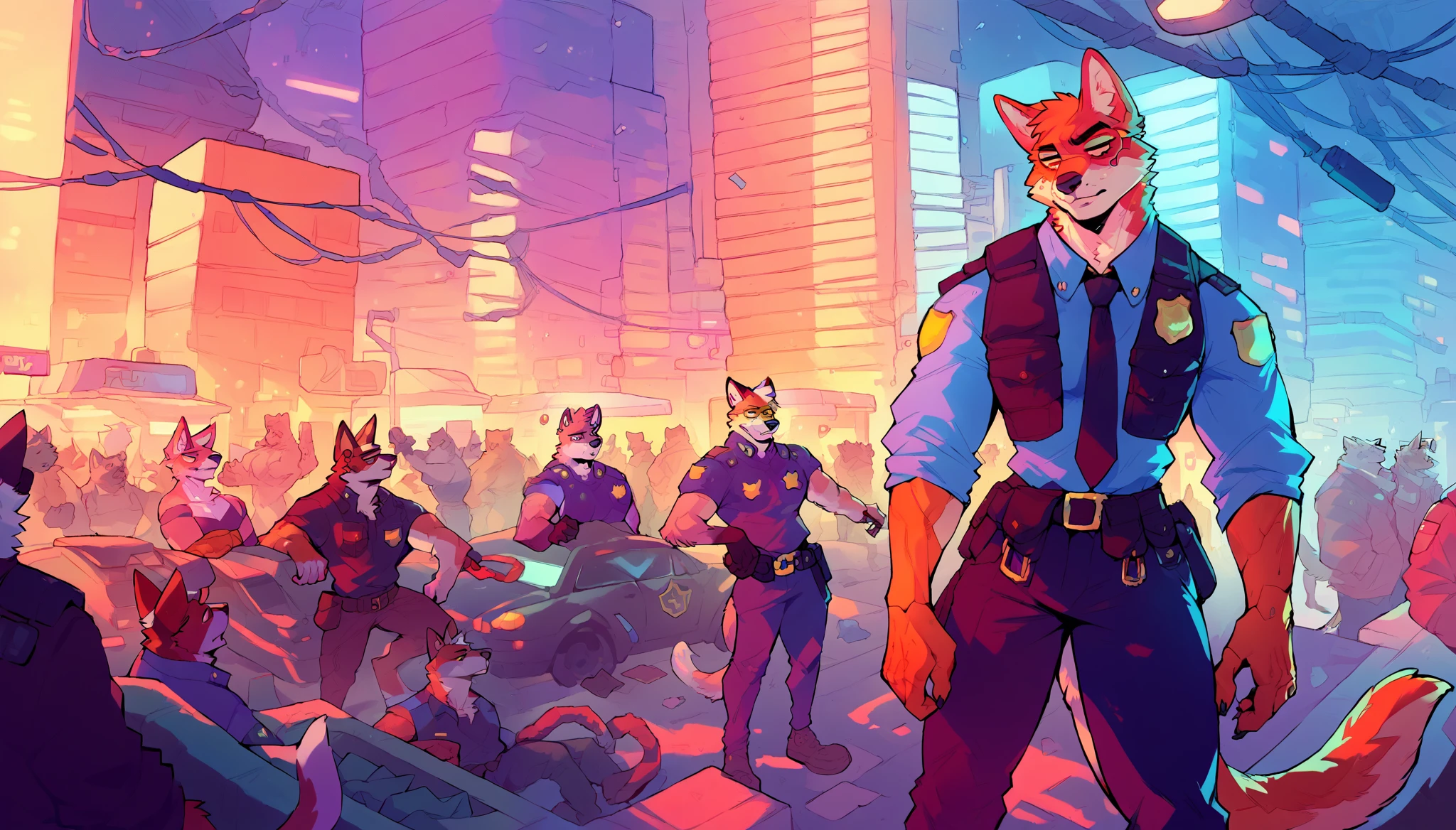score_9, score_8_up, score_7_up, (cyberpunk city, daytime, sunny day, police office, buildings on background),
((Furry), anthro, male, (police crew: 1.35), standing, crowd, wearing police uniform, police crew, muscular body, beautiful, (wears cyberpunk additions, without an eye)