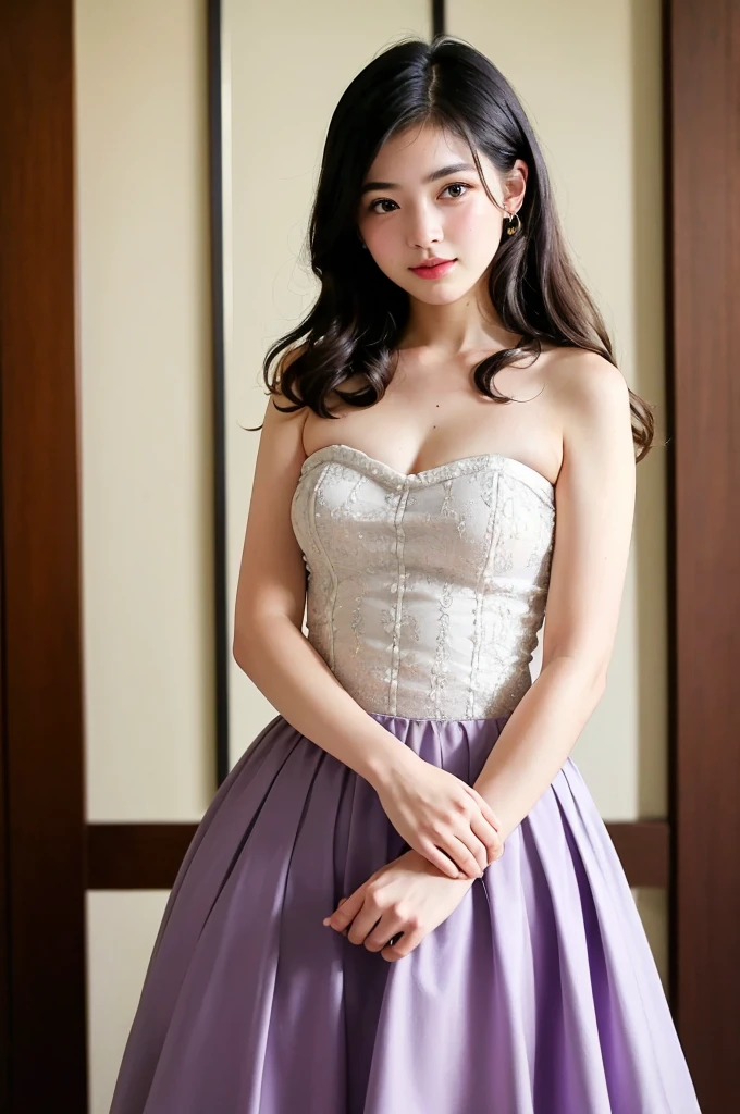a beautiful japanese girl, very cute high school girl assassin, detailed portrait of innocent 16 year old virgin, in front of a lord's manor at the main entrance, (off-shoulder silver breastplate), (purple
long maxi-skirt:1.2), (purple arm cover, silver booties), ((full body, standing:1.2)), ((coy demonic smile, white teeth, open mouth:1.2)), greeting, blushing, fidgeting hands, translucent skin, hands clasped in front, small breasts, cleavage, glossy straight medium black hair, asymmetrical bangs, ((best quality, 4k, 8k, highres, masterpiece, ultra-detailed, realistic, photorealistic, photo-realistic, intricate detail, highly realistic:1.3)), dramatic lighting, muted color palette, cinematic composition, emotional portrait