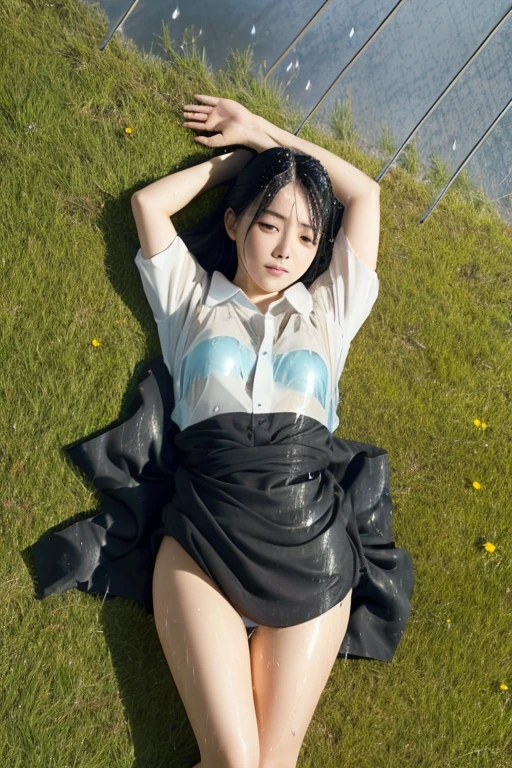 Japanese,young woman,Black Hair,ponytail,Iris,Upper Body,Lie on your back,Camera angle from above,looking at the camera,A quiet, softly sunlit meadow,(rain:1.5),(full body shot:1.5)